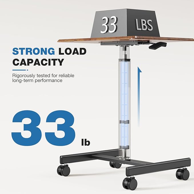 Rolling Laptop Stand Small Standing Desk with Wheels Adjustable Height Rolling Table with Metal Base Lockable Catsers Computer Rolling Table for Couch Home Office 25.7'' × 19'' Brown
