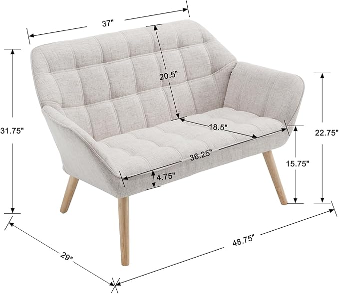 48 Small Loveseat for Small Spaces Upholstered Linen Loveseat Sofa Mid Century Modern Mini Couch with Armrest and Wood Legs for Bedroom Living Room Apartment Beige