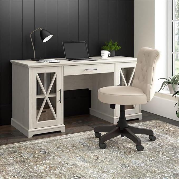 Bush Furniture Lennox 60W Farmhouse Desk with Storage and Keyboard Tray in Linen White Oak | Computer Table for Home Office Workspace