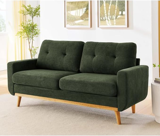 67.7 Green Loveseat Sofa Couch Mid-Century Modern Love Seat Couches for Living Room Button Tufted Upholstered Small Loveseats for Small Space Office Bedroom with Wooden Legs