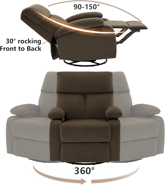 Swivel Rocker Recliner Rocking Small Reclines for Small Spaces Velvet Single Recliner Chair Sofa for Living Room Nursery Bedroom Coffee Brown