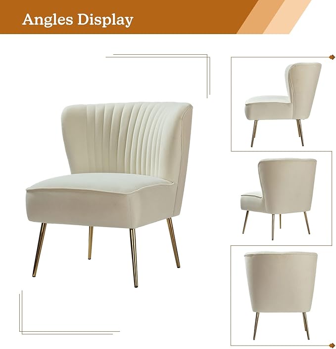 HULALA HOME Velvet Accent Chair Modern Upholstered Cute Side Chair with Gold Metal Legs Armless Wingback Slipper Chair Comfy Living Room Chair for Bedroom Guest Room VanityIvory