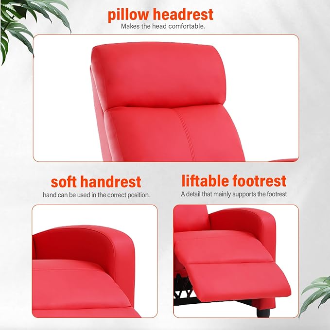 Recliner Chair PU Leather Massage Single Sofa Home Theater Seating Breathable Padded Reading Sofa with Footrest for Bedroom Living RoomRed