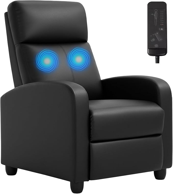 PayLessHere Recliner Chair Single Reclining Sofa Home Theater Seating with Lumbar Support and Padded Backrest for Living Room and Bedroom (Leather Black-Massage)