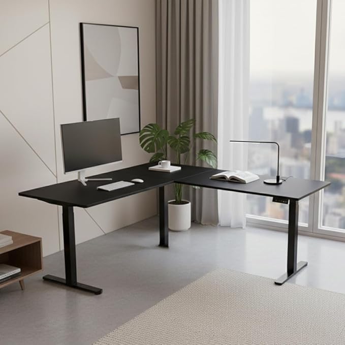 Techni Mobili 63” W L-Shaped Electric Standing Desk with 3 Memory Height Presets and 2 Accessory Hooks Height Adjustable Sit to Stand Corner Desk for Home Office with Spacious Work Surface Black