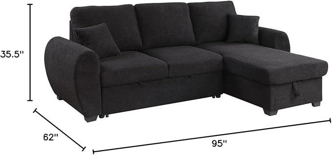 Lilola Home Veronica 95-inch Black Teddy Fleece Reversible Sleeper Sectional Sofa with Storage Chaise – Pull-Out Bed 2 Throw Pillows Pocket Coil Seating Modern L-Shape Couch