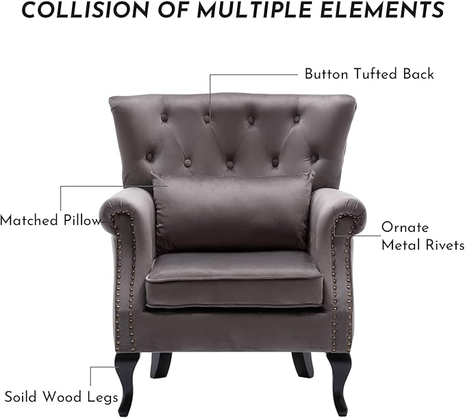 Accent Reading Arm Chairs Set of 2 for Living Room Bedroom Midcentury Modern Comfy Corner Sofa Chair Wingback Waiting Room Club Chair with Button Tufted Back &ampLumbar Pillow Velvet Grey