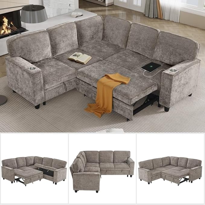81 Modular Sectional Sofa L Shaped 5-Seater Sleeper Sofa with Pull Out Bed Hidden Storage Cup Holders &amp USB Charging Ports Sectional Couches for Living Room (Chenille Brown-Grey)