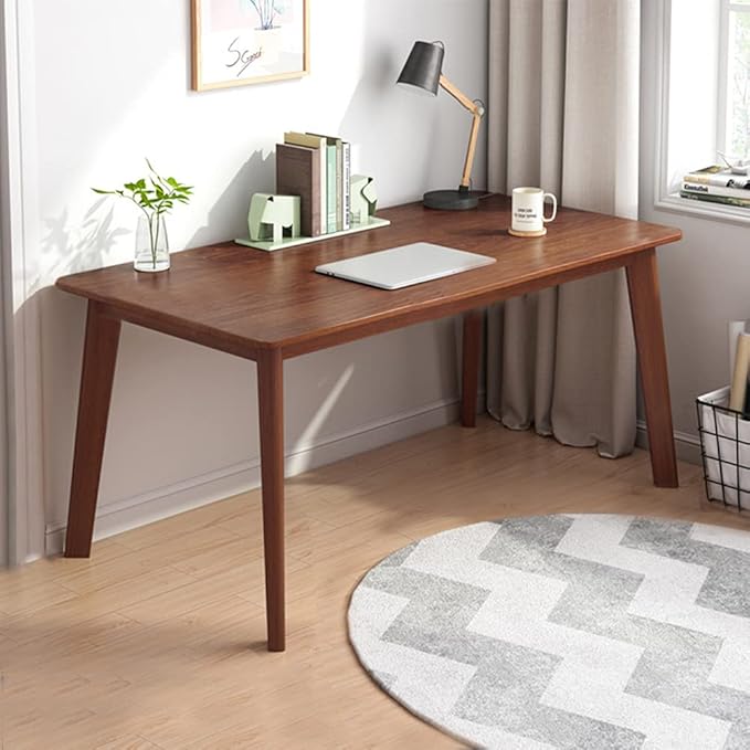 IOTXY Simple Wooden Writing Desk - Modern Minimalist Style PC Laptop Computer Workbench with Solid Wood Legs 55 W Home Office Work Table for TV Stand Music Video Live Broadcast Workstation Walnut