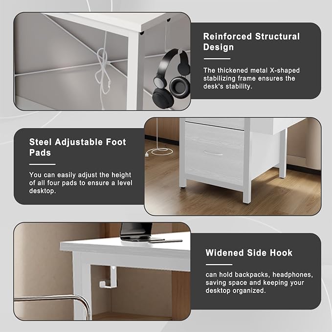 Computer Desk with File Drawers Cabinet 47 Inch Reversible Home Office Desks with Filing CabinetPower Outlet2 Monitor Stands for Small Space Gaming Study Writing Table PC Desks (White)
