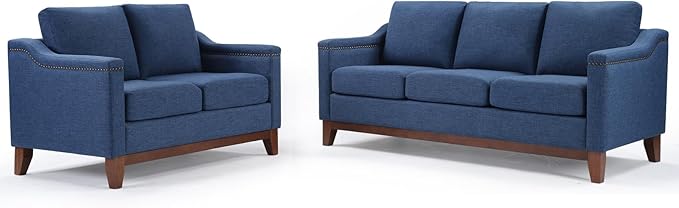 2 Piece Sofa Set 2-Seater and 3-Seater Sofa Couch with Solid Wood Legs Vintage Rivet Comfy Sofa with Thicked Cushion for Living Room Apartment Office Blue