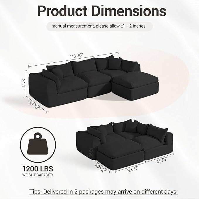 Modular Cloud Couch Sectional Boneless Sofa with Ottoman Deep Seat Fluffy Sectional Couch for Living Room &amp Bedroom No Assembly Required Black
