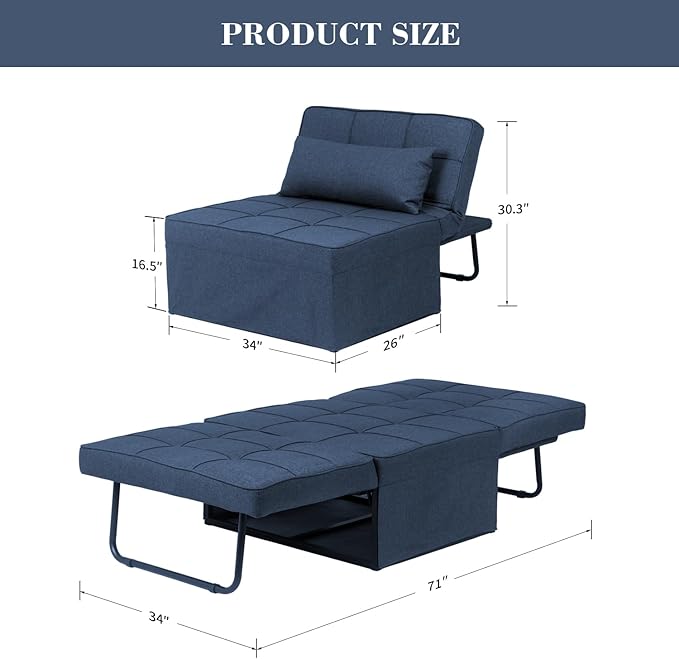 Ainfox Convertible Sofa Bed4-in-1 Multi-Functional Futon Chair Bed Folding &amp No Installation Sofa Couch with Adjustable Backrest Recliner for Living Room Small Spaces and Office(Dark Blue)