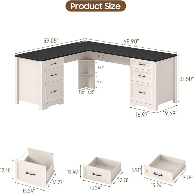 Vabches Wood L Shaped Executive Desk with 6 Drawers Farmhouse Home Office Desk with Power Outlets and Triangle Under-Desk Storage Shelf &amp Drawer File Cabinet Corner Computer Desk Black