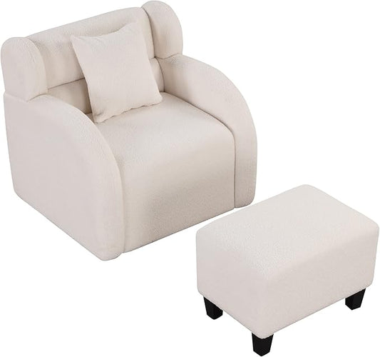 Swivel Accent Chair with Ottoman Teddy Short Plush Particle Velvet Armchair360 Degree Swivel Barrel Chair with Footstool for Living Room Hotel Bedroom Office LoungeWhite