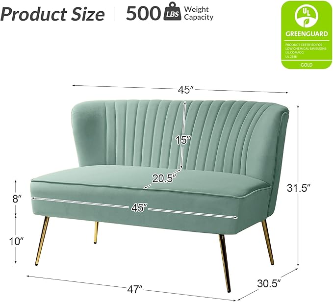 HULALA HOME Velvet Loveseat Sofa with Gold Legs Mid-Century Modern Upholstered Love seat Couch Tufted Small 2-Seat Sofa Armless for Living Room Bedroom Apartment Small Spaces SAGE
