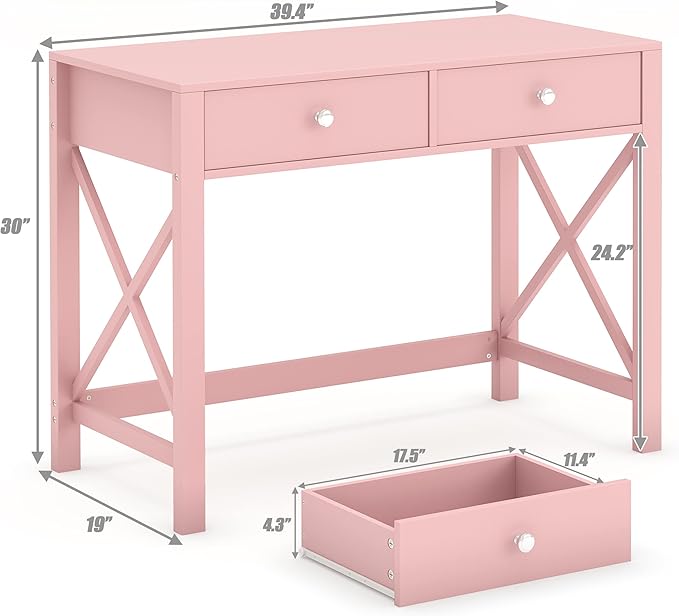 WiberWi Home Office Desk with Drawers Modern Writing Computer Desk for Bedroom Small Pink Makeup Vanity Table for Girls Study Table for Home Office