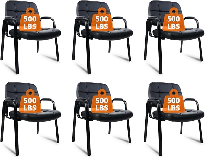 CLATINA Big &amp Tall 500 lbs Waiting Room Chair Leather Office Reception Guest Chair No Wheels with Padded Arms for Elderly Home Desk Conference Room Lobby Side Salon Clinic Black(6 Pack)