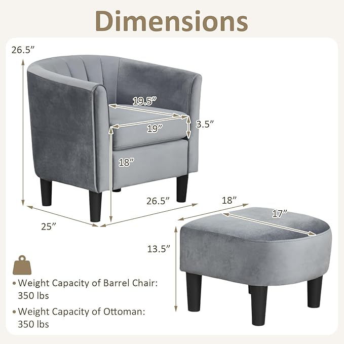 Giantex Modern Accent Chair with Ottoman Upholstered Teddy Velvet Barrel Club Chair w/Footrest Curved Backrest &amp Armrests Non-Slip Felt Pads Comfy Accent Arm Chair for Living Room Bedroom Gr