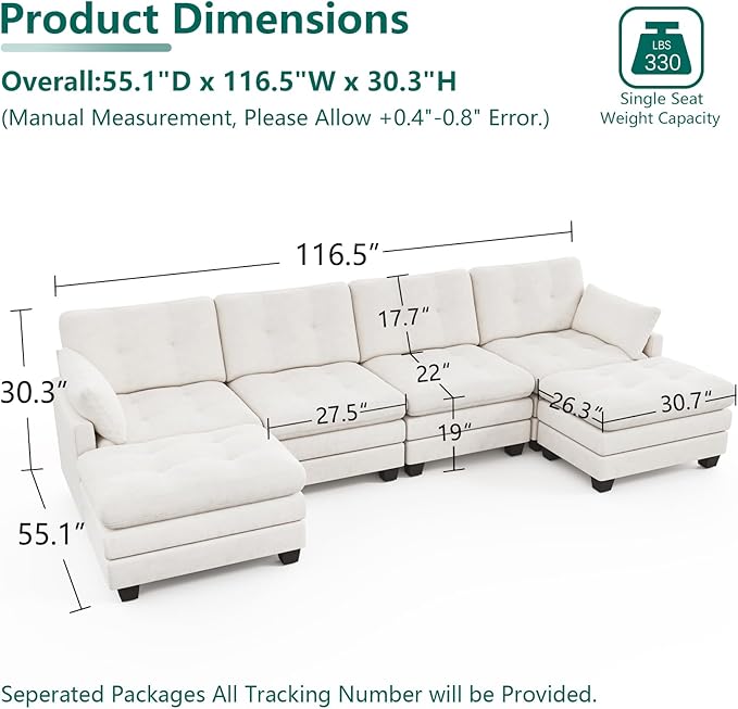 Modular Sectional U Shaped Sofa Couches for Living Room Cloud Couch with Movable Ottoman Comfy Chenille Sofa with Pillow for Bedroom and ApartmentBeige-Tufted
