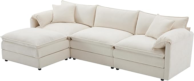Merax Modern L Shaped Cloud Couch Set with Double Cushions 4 Seat Sectional Sofa Sleeper Bed with Movable Ottoman &amp 2 Pillows 103.5 Chenille Modular Sectional Sofa with Deep and Wide Seat Crea