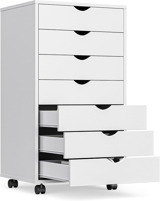 OLIXIS 7 Drawer Mobile File Cabinet Under Desk Storage Organization with Wheels Vertical Filing Chest Rolling Wood Small Desk Printer Stand for Home Office 15.75D x 18.74W x 34.25H White