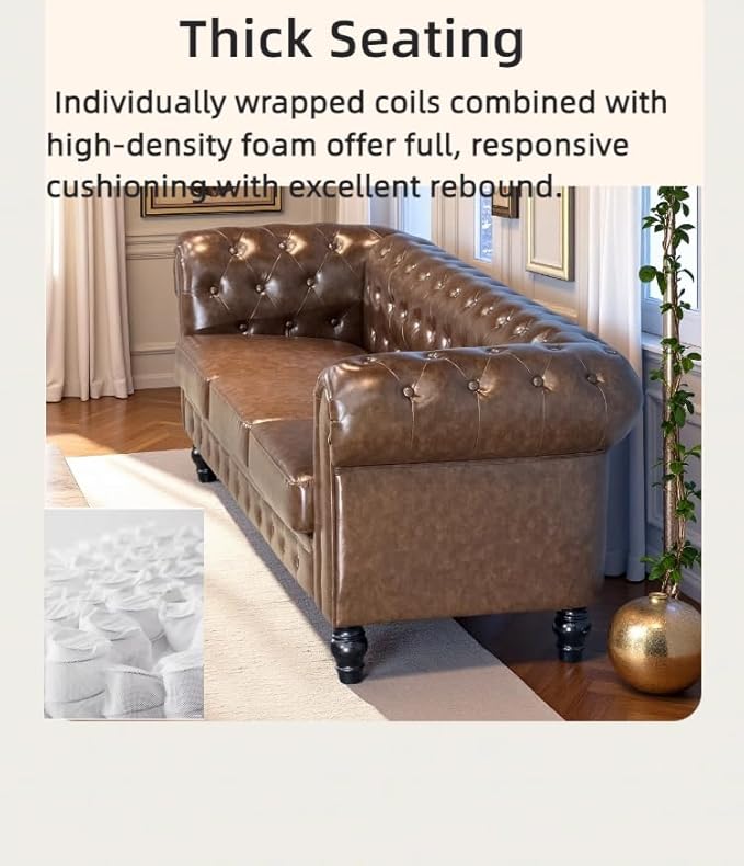 88.2 PU Leather Upholstered Chesterfield Couch Modern 3 Seater Sofa with Tufted Back and Square Arms Nailhead Sofa for Living Room/Office/Apartment/Small Space Black