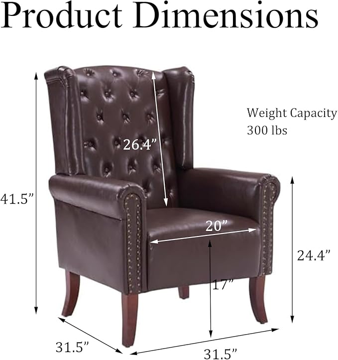PU Leather Accent Chair Modern Wingback Armchair Club Sofa Chair High Back Living Room Chair for Bedroom Office Lounge (Caramel)