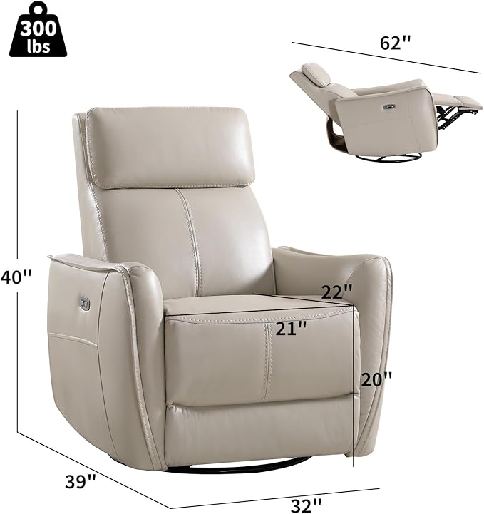 CANMOV Power Swivel Rocker Recliner Chair Electric Swivel Glider Rocker Recliner for Nursery Faux Leather Upholstered Rocking Reclining Chair with USB Port for Living RoomGrey