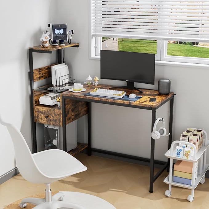 Computer Desk with Power Outlet &amp USB Ports Modern Office Desk with Storage Shelves for Home &amp Study – Ergonomic Computer Table for Efficient Workstation (Brown)