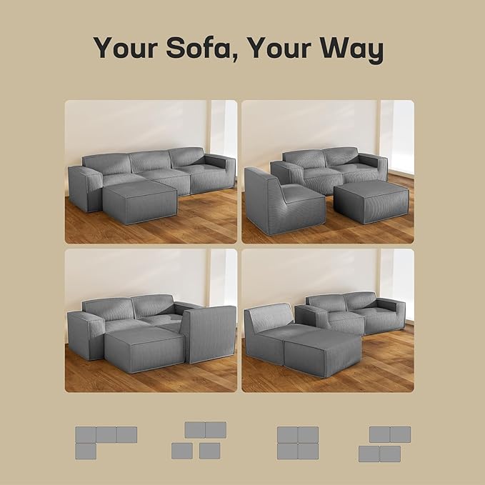 Marsail Modular Sectional Sofa 111 L-Shaped Modular Sectional Couch with Deep Seat Freely Combinable Sectional Cloud Sofa for Living Room No Assembly Plush Corduroy Fabric Grey