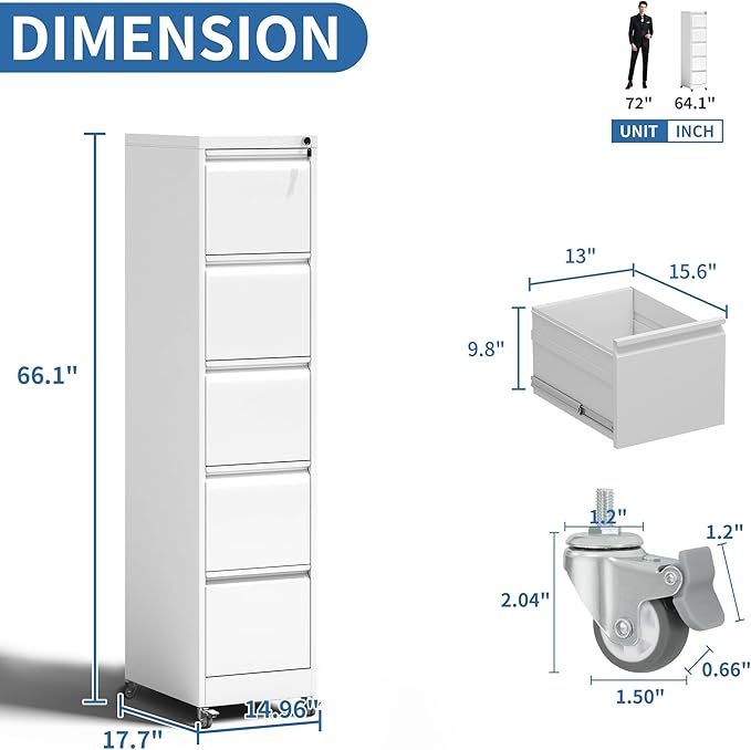 5 Drawer Mobile File Cabinet Metal Filing Cabinet with Lock and Wheels Home Office Rolling File Cabinets for Legal/Letter Hanging File Folders Un-Assembled (White)