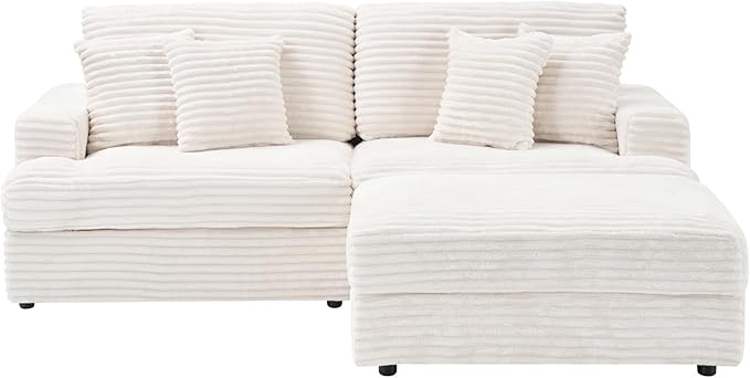 82 Inches Corduroy Square Arms Loveseat Sofa with One Storage Ottoman Comfy Deep Seat Modular Sectional Futon Couch with 4 Throw Pillows for Living Room Bedroom Office (White)