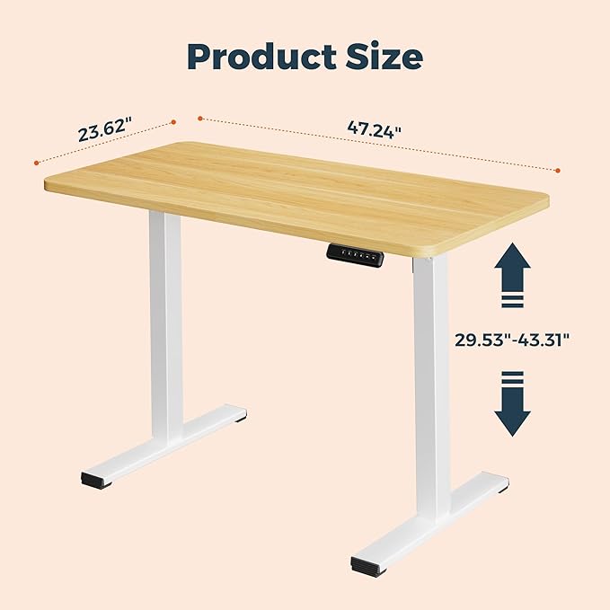 One-Piece Standing Desk 47 x 24 Inches Small Adjustable Height Desk Electric Sit Stand Desks Home Office Computer Workstation Maple