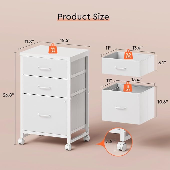 3 Drawer Mobile File Cabinet with Wheels Fabric Vertical Filing Cabinet fits A4 or Letter Size for Home OfficeWhite