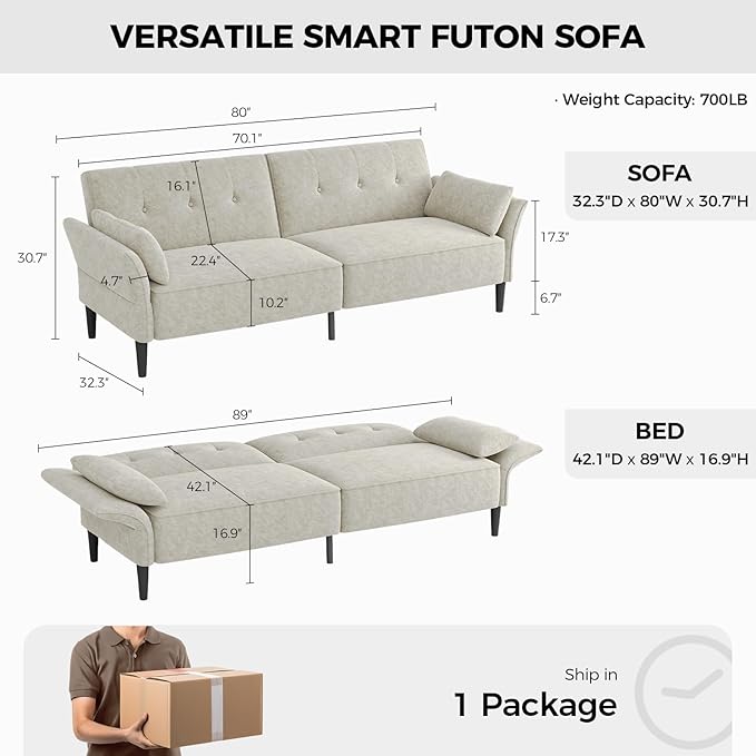 89” Futon Sofa Bed Comfy Futon Couch Bed with 2 Square PillowsConvertible Sleeper Sofa with Adjustable Backrest&amp Armrests Modern Loveseat Sleeper for Living RoomVelvet Fabric White