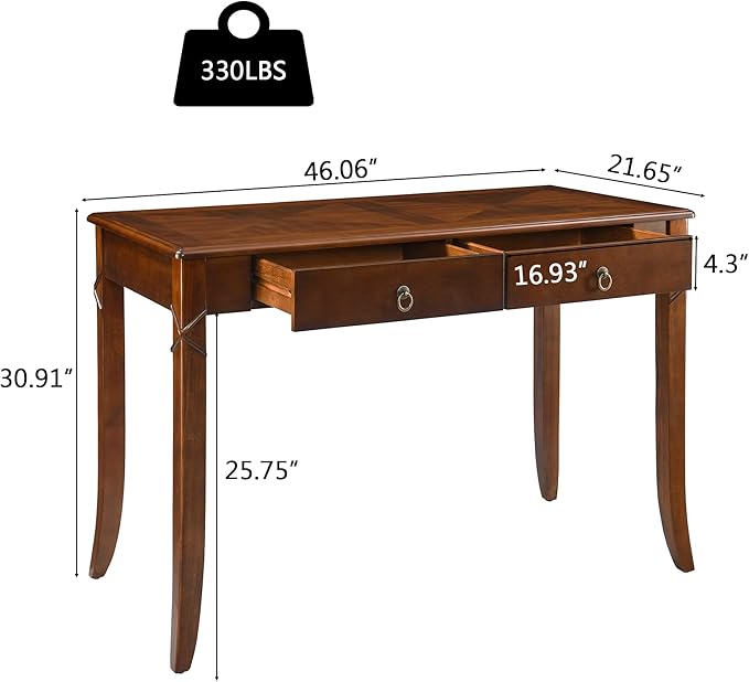 Solid Wood Computer Writing Desk with 2 Big Drawers 46.06 Wide Home Office Desk Workstation with Hourglass Shape Tabletop Big Rustic Study Table in Cherry Brown BSZ-DR200