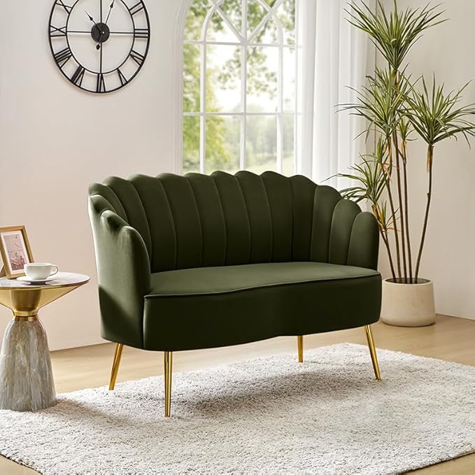 Velvet Upholstered Loveseat Sofa with Gold Metal Legs Modern Comfy Small Love Seat with Flower Shaped Back 2-Seater Sofa Accent Couch for Living Bedroom Leisure Areas Moss