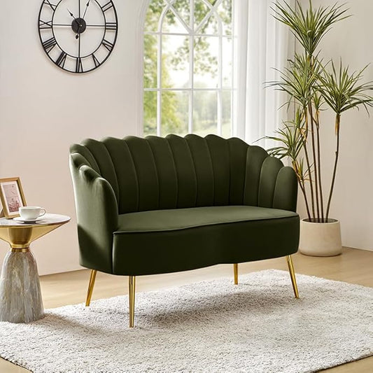 Velvet Upholstered Loveseat Sofa with Gold Metal Legs Modern Comfy Small Love Seat with Flower Shaped Back 2-Seater Sofa Accent Couch for Living Bedroom Leisure Areas Moss