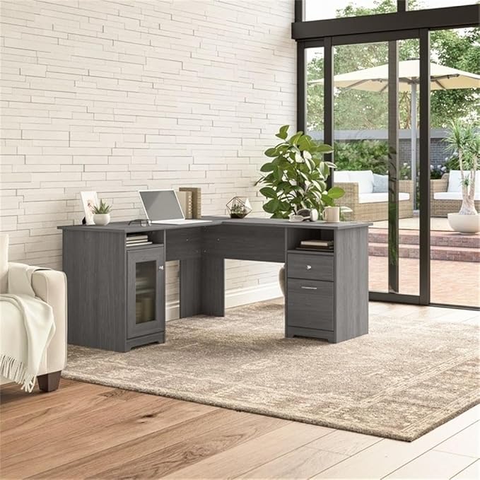 Pemberly Row 60 L Shaped Computer Desk Engineered Wood Gray Finish Transitional Style Home Office Desk with Storage Cabinet File Drawer Adjustable Shelf Wire Management Cubby Spaces