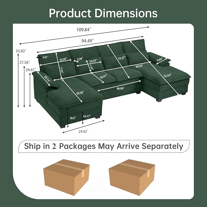 110 Convertible Sectional Sofa U Shape Cloud Couch Comfy Couches with Double Chaise and Sleepable Armrests 4 Seats Sectional Couches for Living Room Green