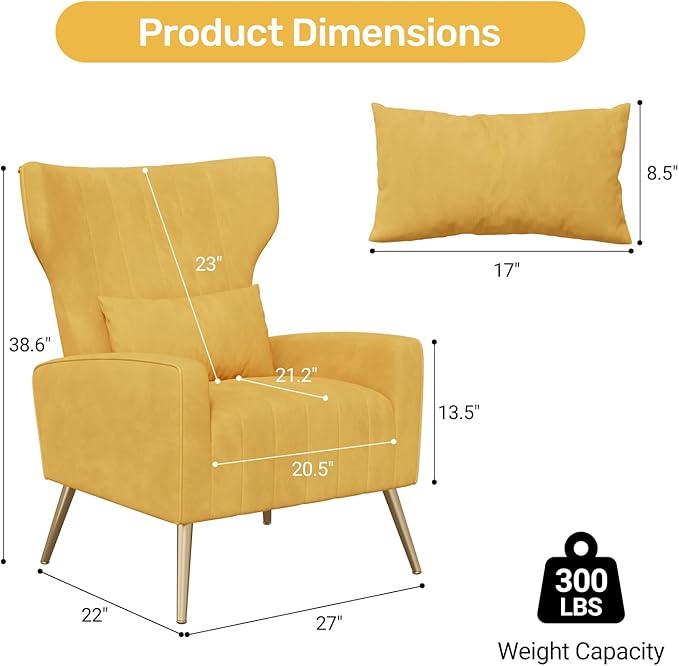 Velvet Accent Chair Set of 2Wingback for Living Room High Back Arm Chair with Golden Legs Lumbar Pillow Upholstered Single Sofa Bedroom Yellow