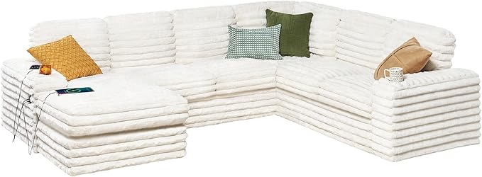 PaPaJet U Shaped Couch 112 Inch Oversized Couch with Storage Sectional Sofa with Cup Holders &amp 2 USB Ports Faux Fur White Sofa