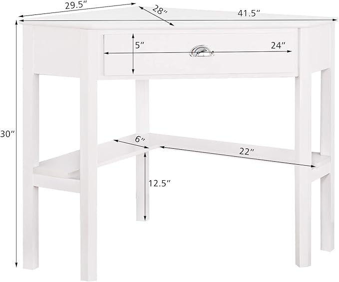 COSTWAY Corner Desk Writing Corner Computer Desk with Drawer for Small Space Wood Makeup Vanity Desk Small Corner Desk with Shelves Office Study Workstation White Corner Desk (White)