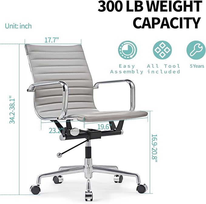 Mid Back Support with Arm Rest Office Ergonomic Adjustable Swivel Vegan Leather Desk Receptionist Chairs -Grey