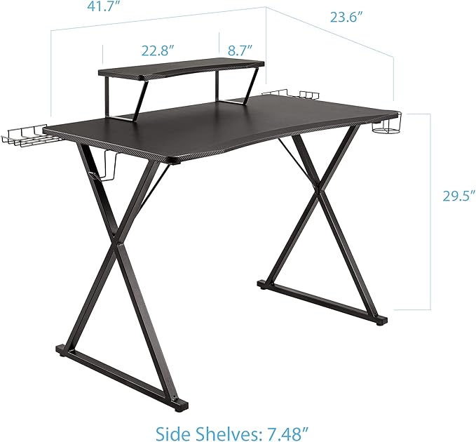 Seville Classics airLIFT Computer Writing Desk w/ Headset Cup Speaker Holders Monitor Riser Table Modern Work for Home Office Workstation Black 42 Carbon Fiber X Frame