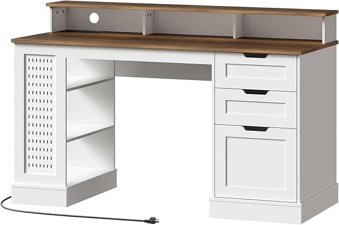 55inch Farmhouse Executive Desk with 2 Drawers and File Cabinet Computer Desk with 3-Tier Storage Shelves Home Office Desk with Charging Station Pegboard and Monitor Shelf White and Walnut