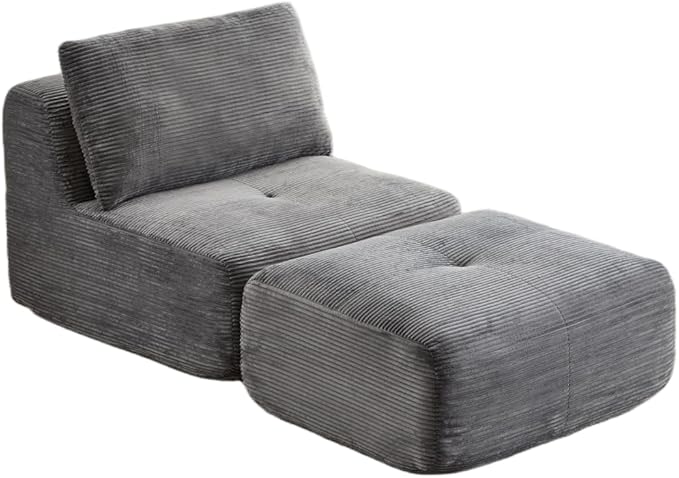 Memory Foam Compressed Sofa Bed Modern Grey Single Chaise Louge Comfy Futon Floor Couch Pet Friendly Fectional Couch for Living Room Bedroom No Assembly Movable OttomanCorduroy