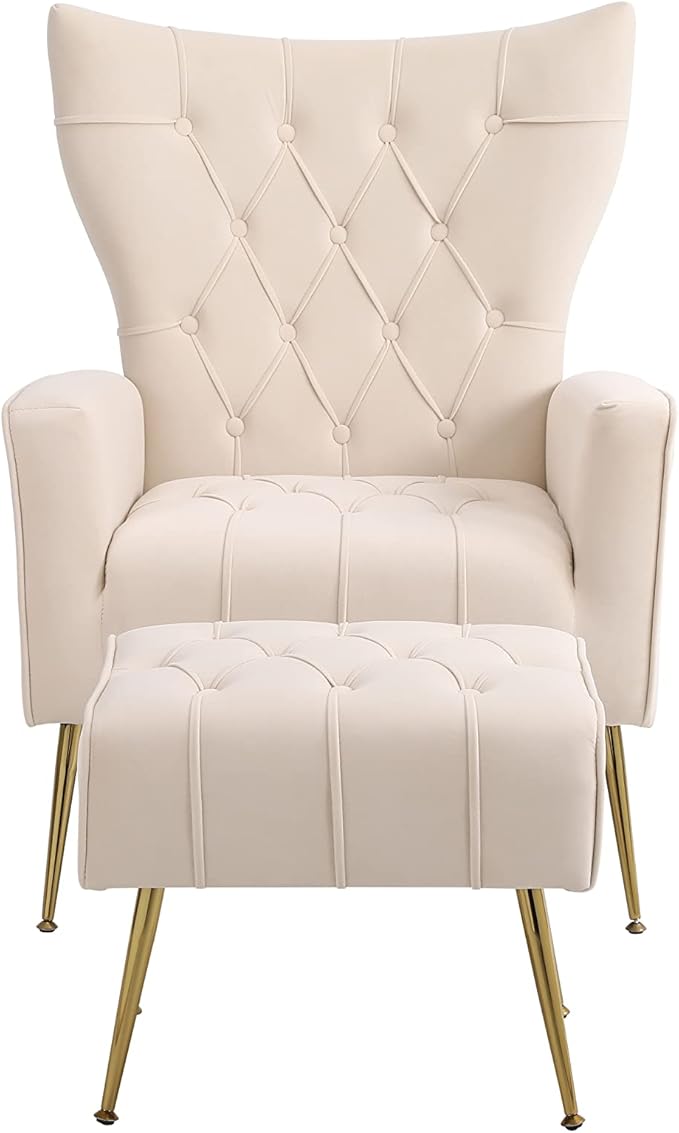 Velvet Accent Chair with Ottoman Modern Lounge Chair with Wing Backrest &amp Metal Legs Upholstered Single Leisure Sofa Chair Reading Chair for Living Room Bed Room Office (Beige)