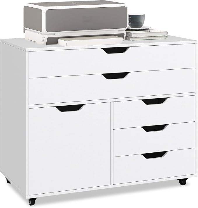 File Cabinet 5 Drawer Filing Cabinet with Door Mobile Storage Organizer Wooden Printer Stand on Wheels for Study Home Office Living Room White